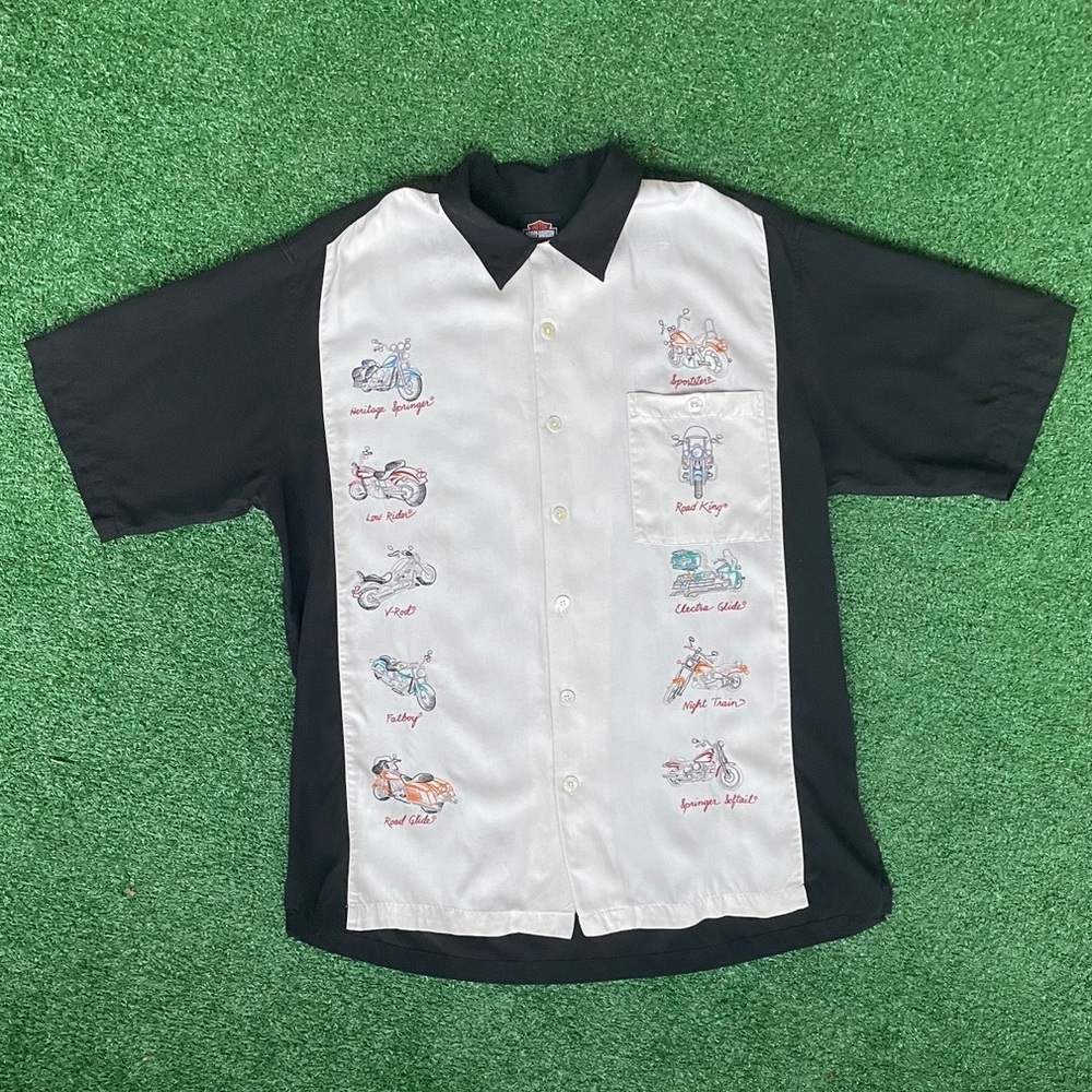 Vintage Black & Cream Harley Davidson Short Sleeve Embroidered Motorcycle Shirt